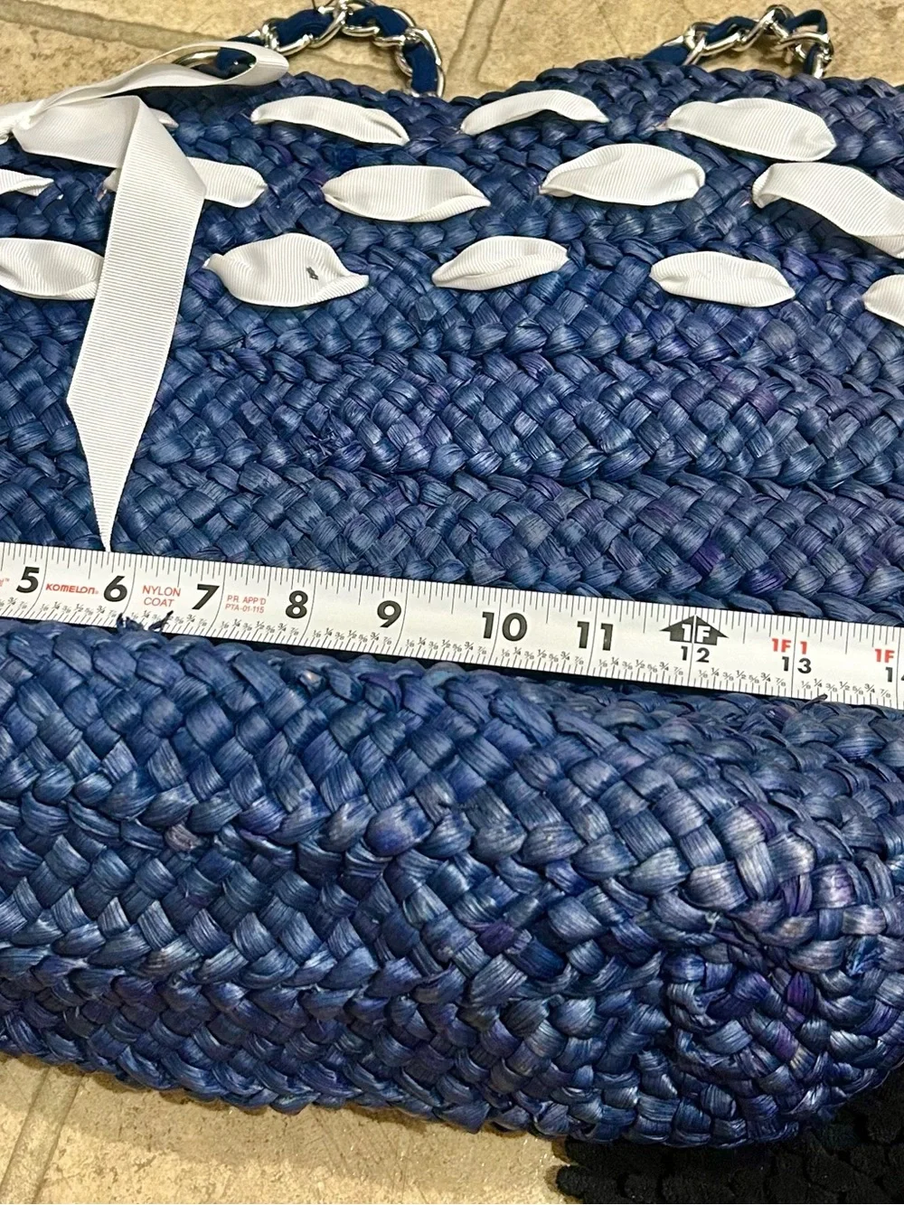 Woven Navy Straw Tote with White Ribbon Accent
